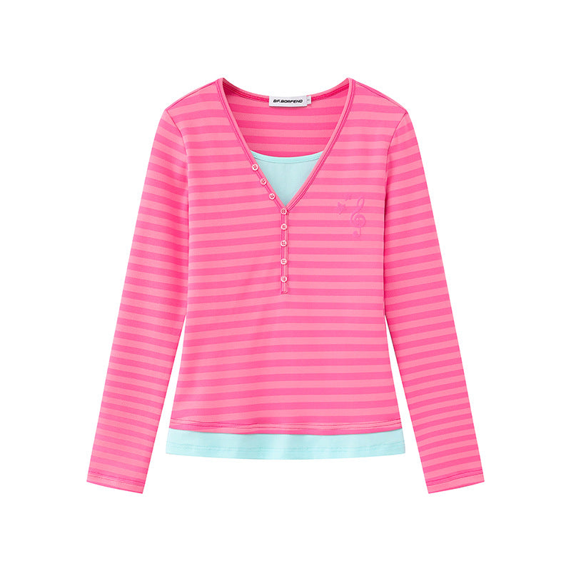 Women’s Layered Long Sleeve Shirt with Henley Button Placket and Contrasting Underlayer Chichicherry