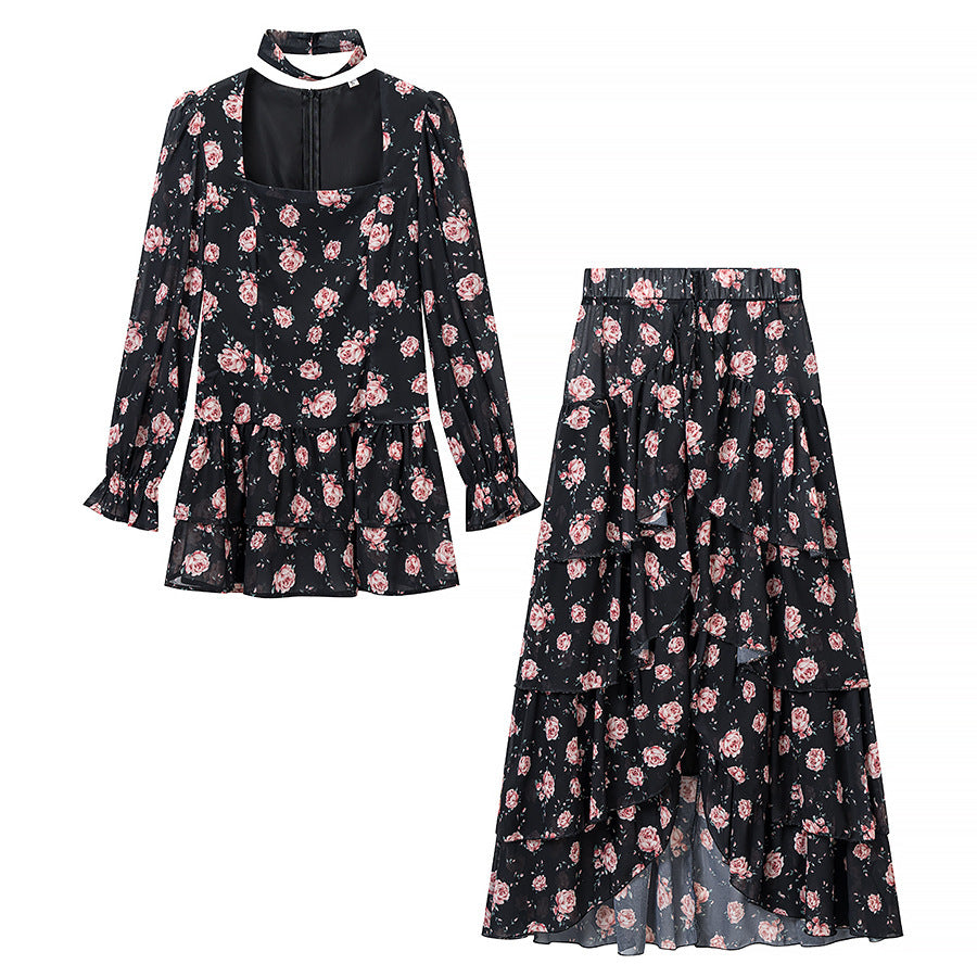 Women’s Two-Piece Chiffon Set – Tailored Ruffle Blouse with Square Neckline, Choker and Tiered Wrap Maxi Skirt Chichicherry