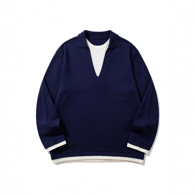 Unisex Oversize Knit Sweater with Open V-Neck and Shirt Collar Chichicherry