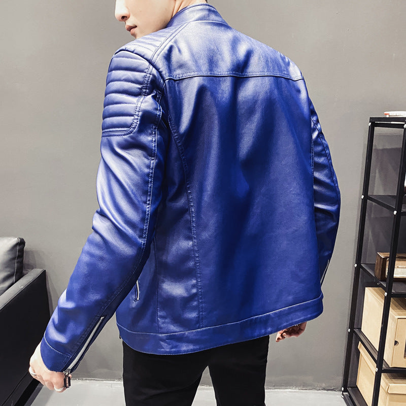 Men's slim faux leather moto jacket with ergonomic seams, ribbed quilt detailing at shoulders and concealed zipper pockets.