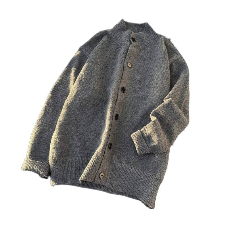 Unisex Oversized Wollmix-Cardigan mit Rundhalsausschnitt, Knopfleiste und geripptem Saum Chichicherry