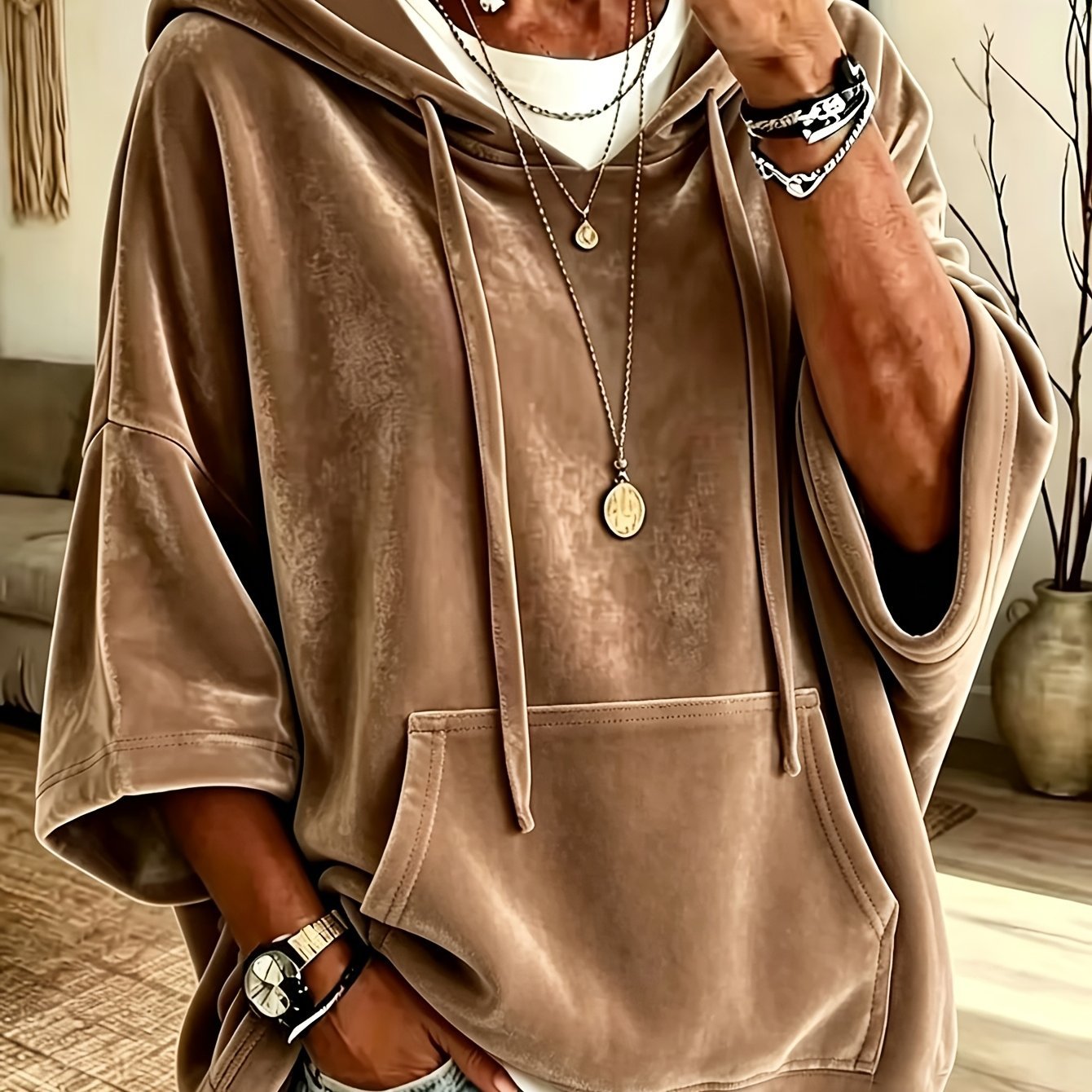 Women Oversize Velvet Hoodie with Three-Quarter Sleeves and Kangaroo Pocket Chichicherry