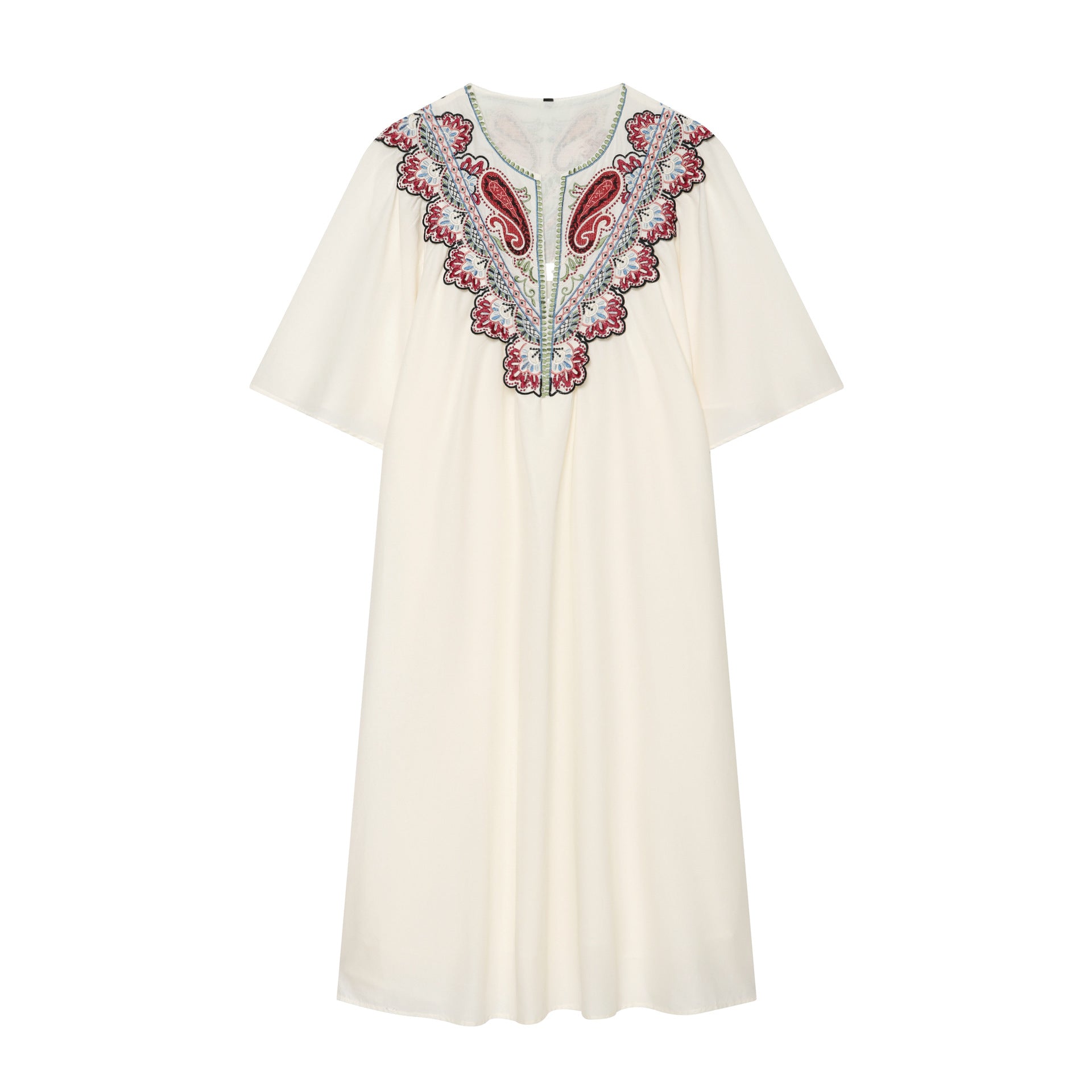 Women's Embroidered Kaftan Dress with V-Neck and Wide Batwing Sleeves Chichicherry