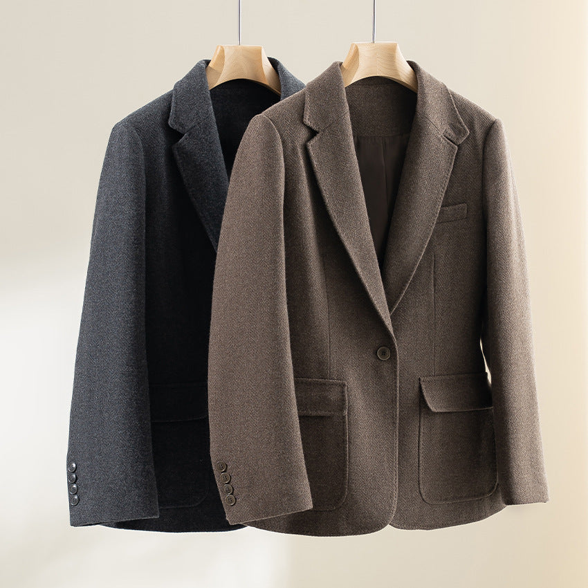 Women's Semi-Lined Single-Button Wool Blend Blazer with Rounded Hem Chichicherry