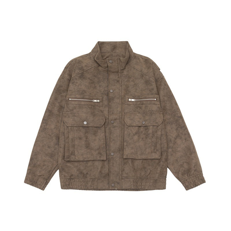Men's Boxy Utility Blouson Jacket in Velour Look with Stand-up Collar and Multiple Pockets Chichicherry