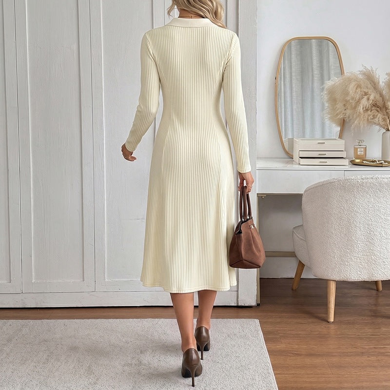 Women Ribbed Midi Dress with Polo Collar, Button Placket and Tailored A-Line Cut Chichicherry