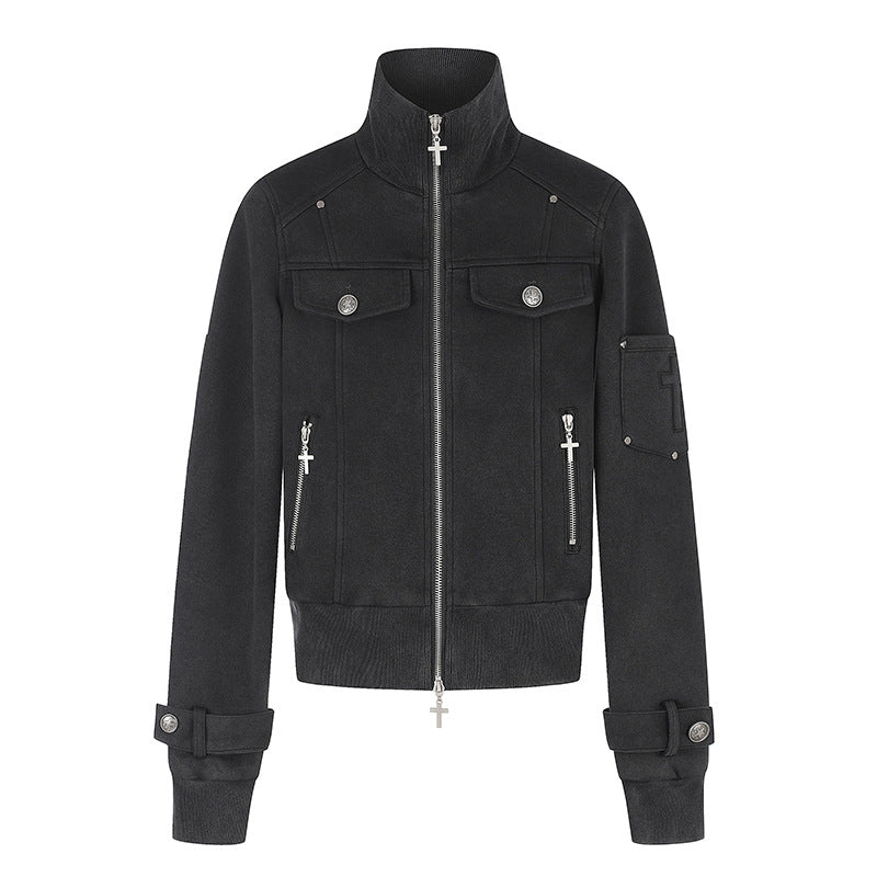 Women Tailored Zip Jacket with High Stand-Up Collar, Decorative Straps & Adjustable Closures Chichicherry