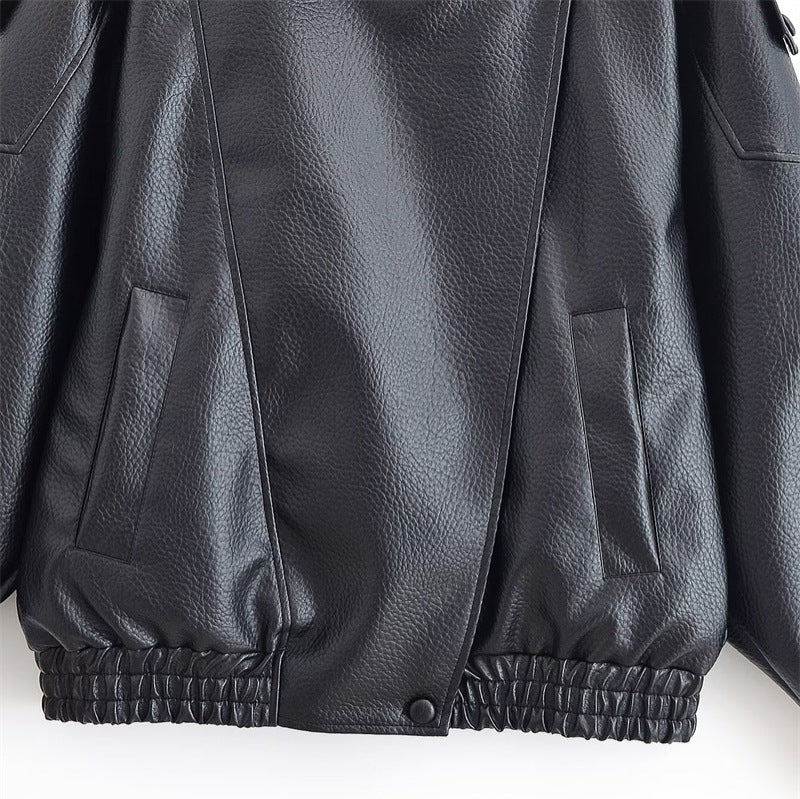 Ladies leather jacket with high stand-up collar and asymmetrical snap button placket Chichicherry