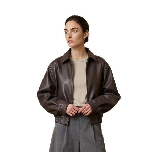 Women Boxy Cropped Faux Leather Jacket with Concealed Zipper and Elastic Hem Chichicherry