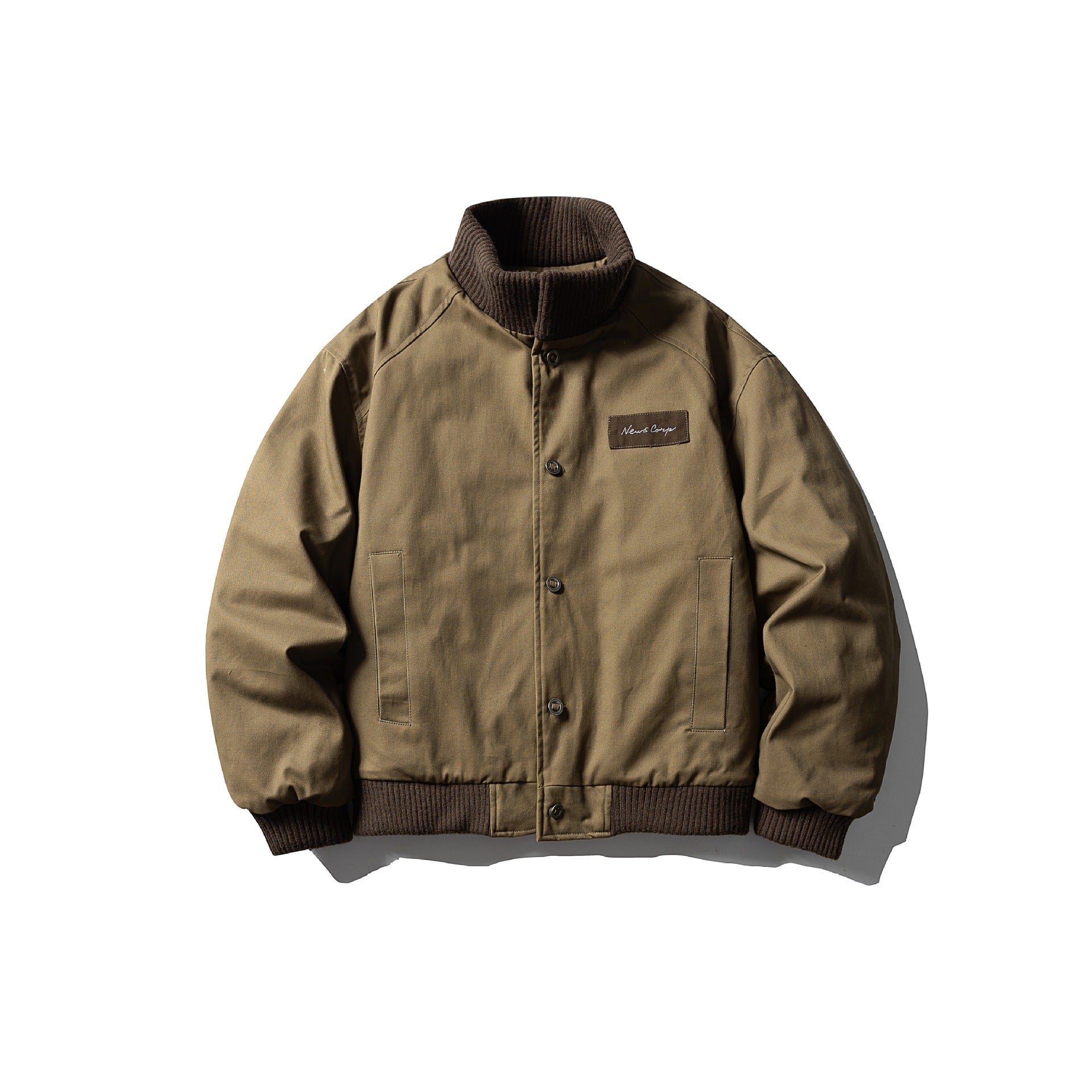 Men's Canvas Bomber Jacket with Ribbed Hem and High Stand Collar Chichicherry