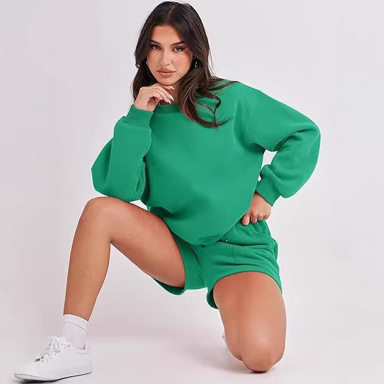 Women's Casual Two-Piece Lounge Sweatset with Oversized Round Neck Sweatshirt and High-Waist Relax Shorts Chichicherry