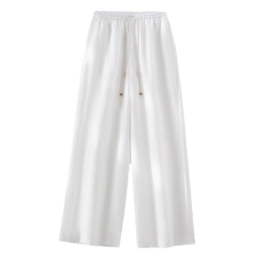 Women's Wide Linen Look Pants with Elastic Waistband, Drawstring and Fine Pinstripe Structure Chichicherry