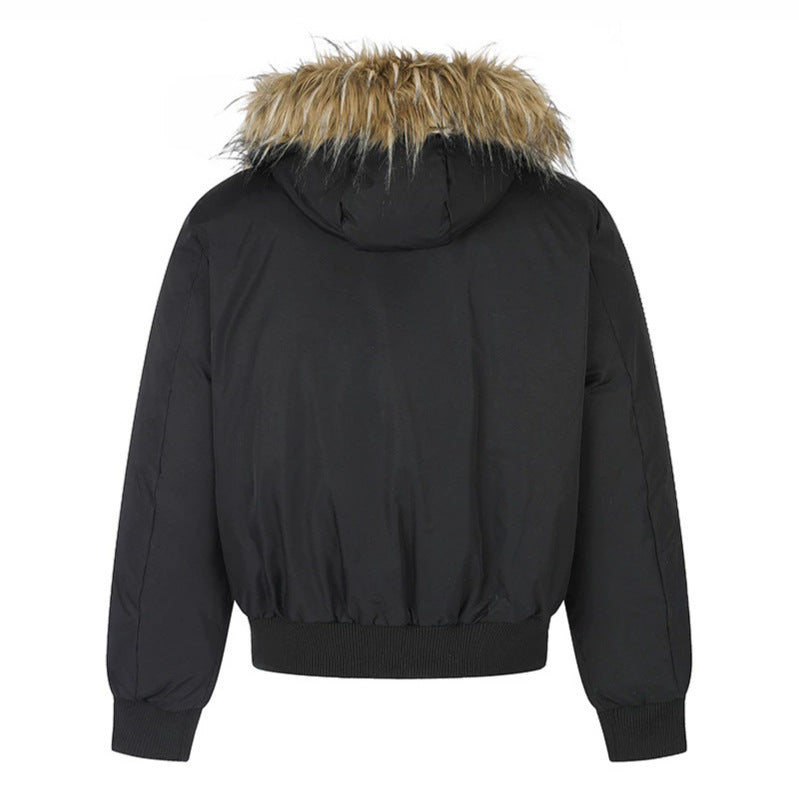 Women's padded short bomber jacket with removable faux fur hood, high stand-up collar, and ribbed cuffs Chichicherry