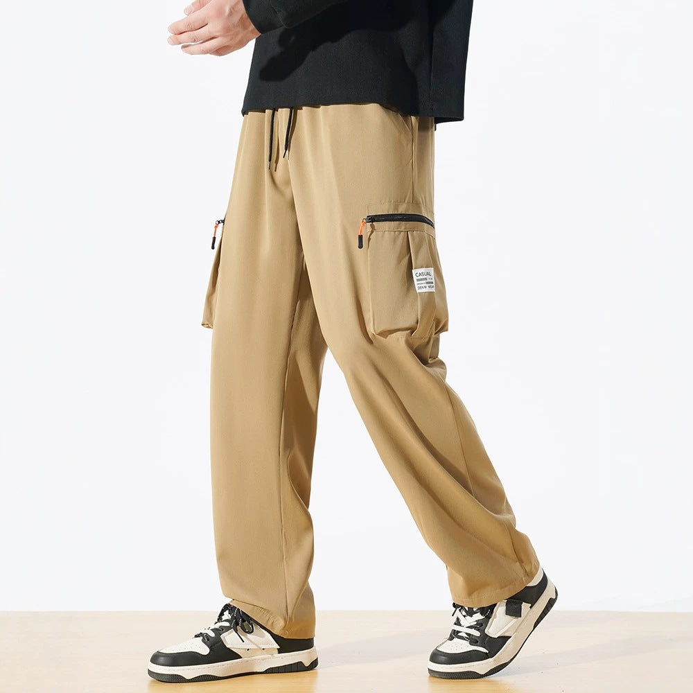 Men's Loose Fit Utility Cargo Pants with Drawstring Waist, Zipper Leg Pockets & Straight Leg Chichicherry