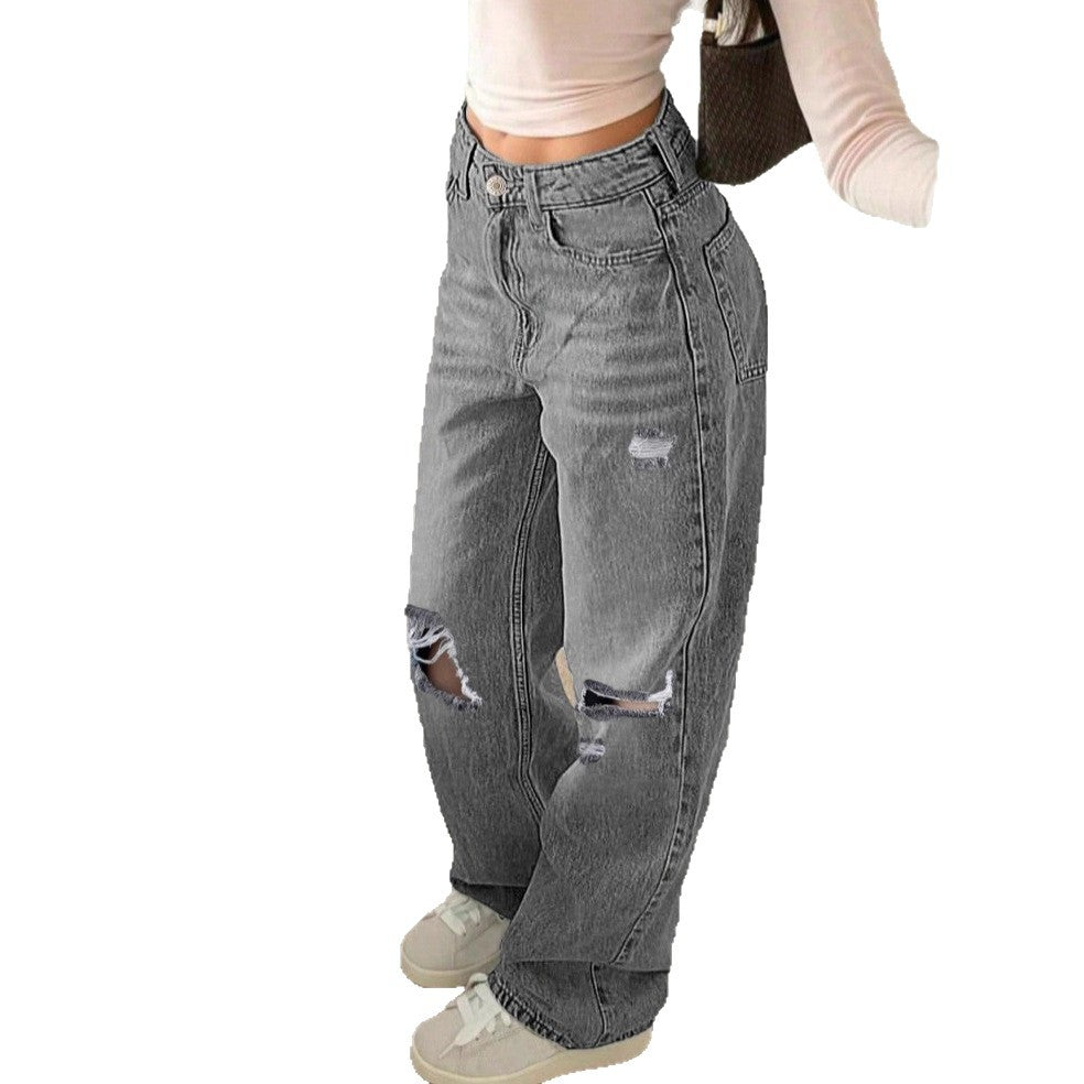 Women's High-Waisted Loose Destroyed Jeans with Straight Leg Chichicherry