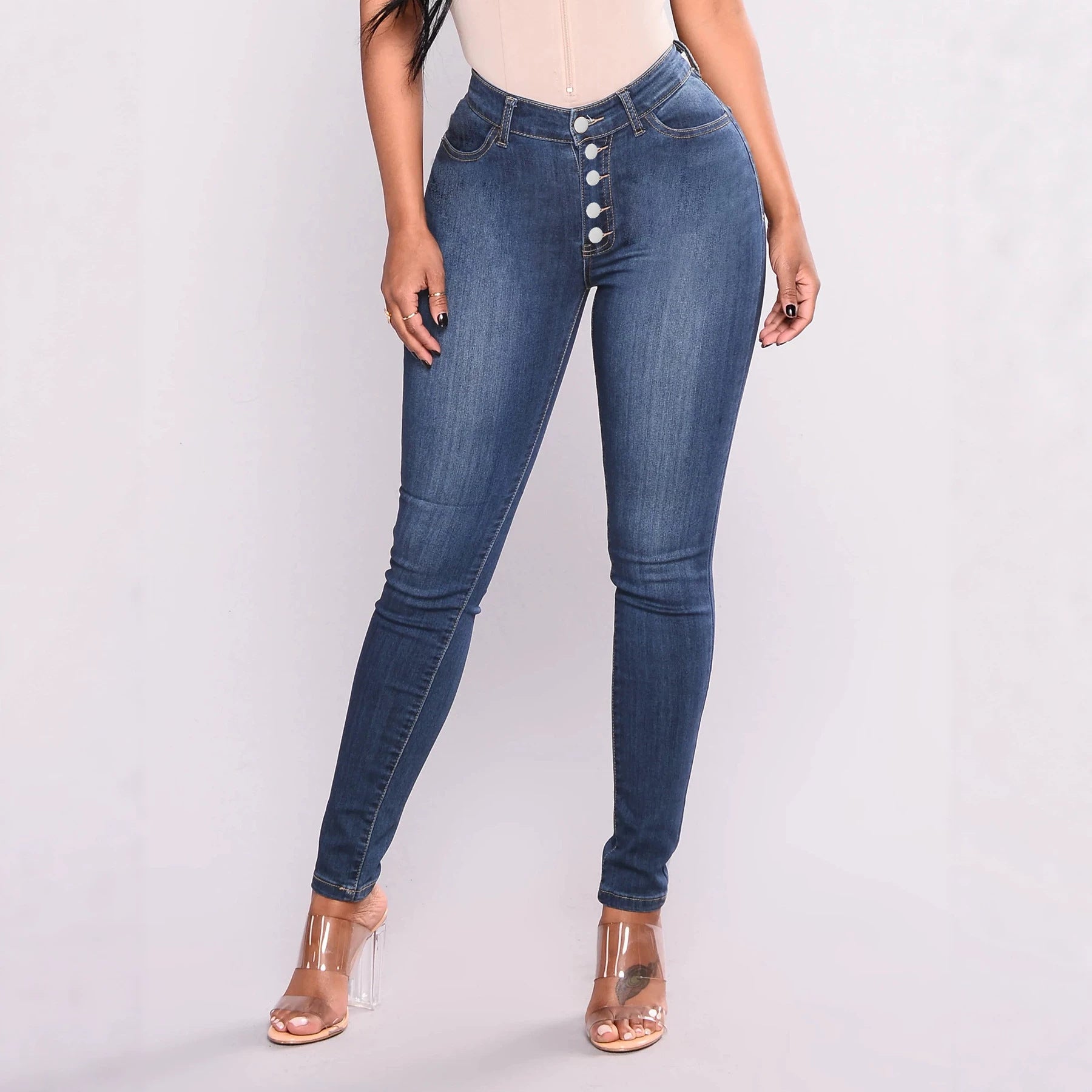 Women High-Waisted Shaping Skinny Jeans with Visible Button Placket Chichicherry