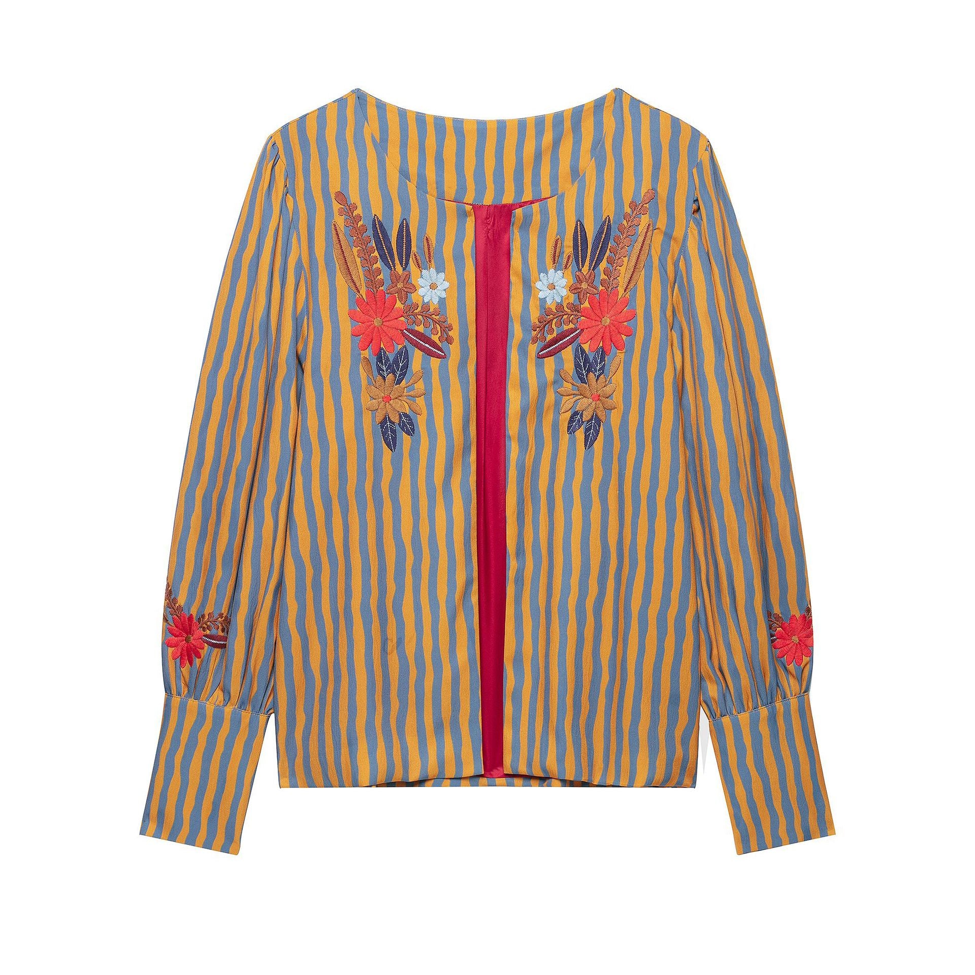 Women's Striped Cropped Blouse with Floral Embroidery Chichicherry