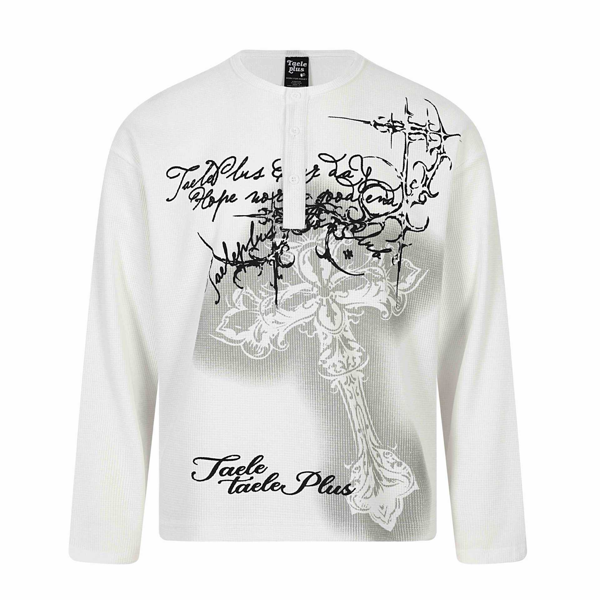 Men's Long Sleeve Henley Shirt with Waffle Texture, Button Placket and Large Graphic Print Chichicherry