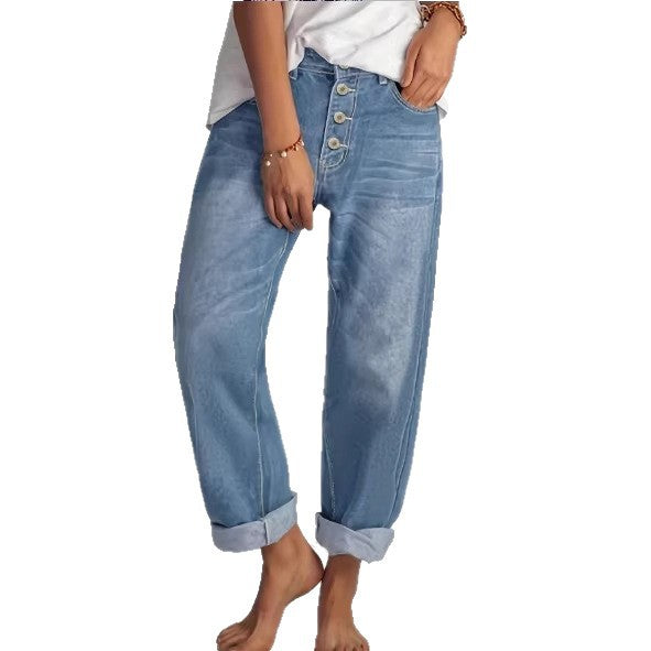 Ladies High-Waist Relaxed-Fit Jeans in Boyfriend Style with Visible Button Placket and Rolled Hem Chichicherry
