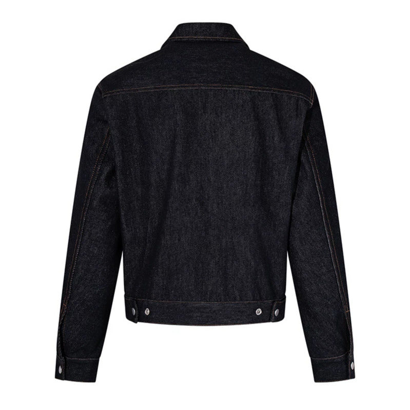 Women's Short Cut Denim Worker Jacket with Zip, Contrast Seams and Decorative Eyelets Chichicherry