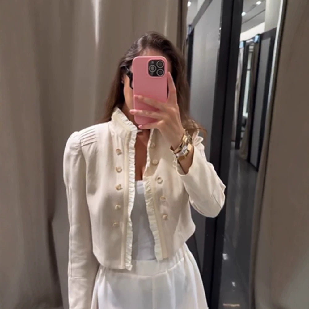 Women's cropped jacket with ruffle trim, puff sleeves, and double-breasted button placket Chichicherry