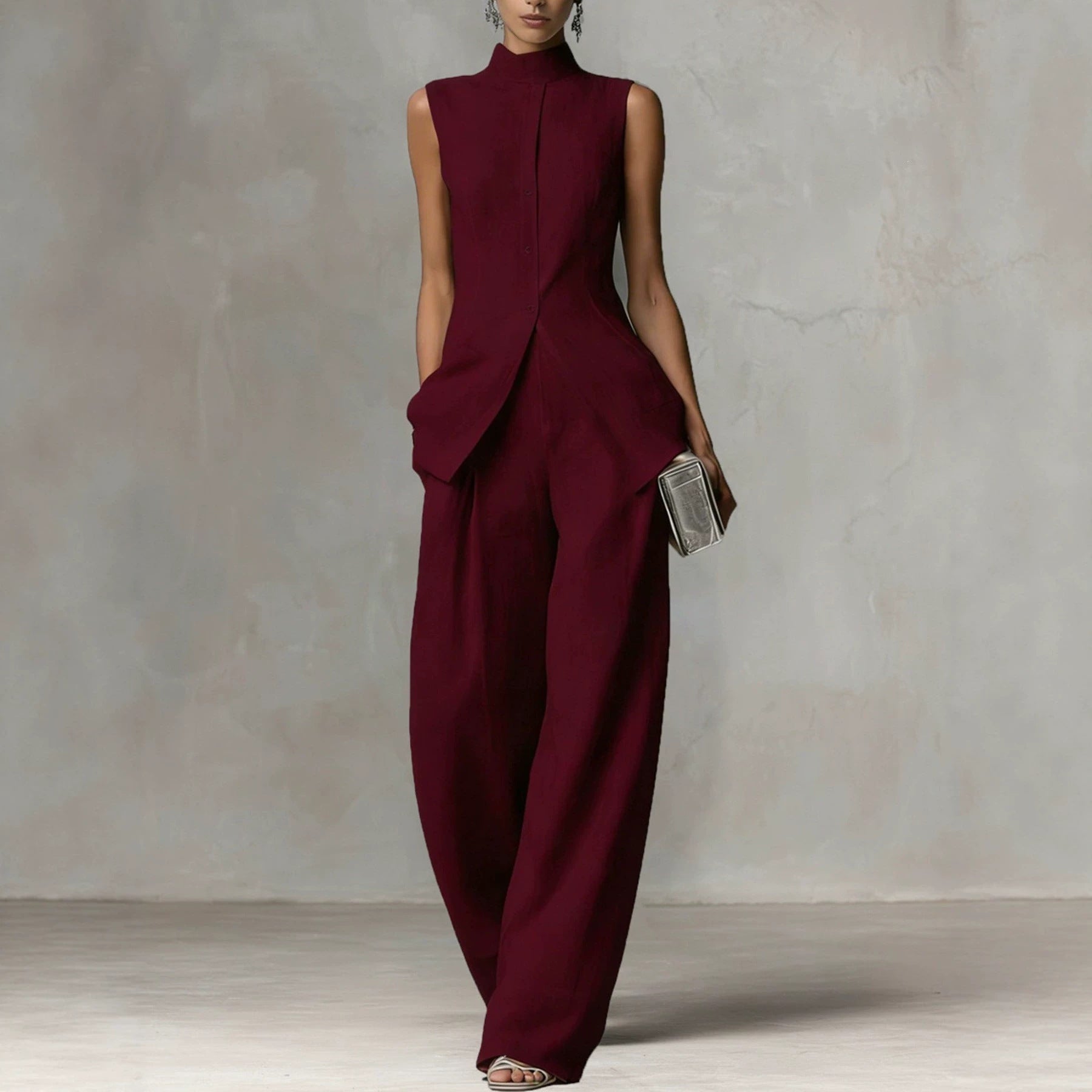 Women's Sleeveless Linen Jumpsuit with Stand Collar and Wide Leg Chichicherry