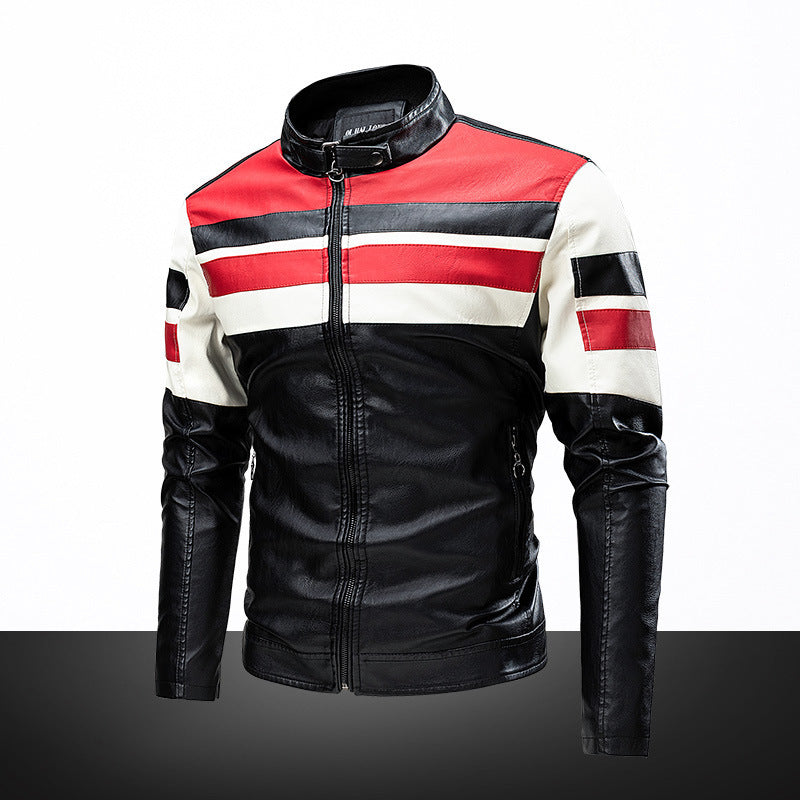 Men's biker jacket made of synthetic leather with contrasting stripes and stand-up collar Chichicherry