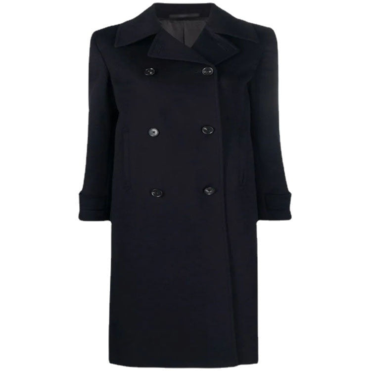 Women's Figure-Hugging Double-Breasted Wool Blend Long Coat with Draped Lapel Chichicherry