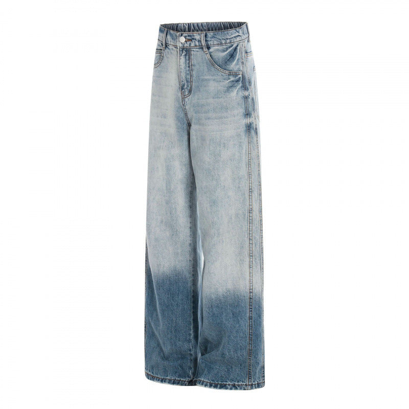 Women's Wide High-Waist Denim Jeans with Ombre Hem and Elastic Back Chichicherry