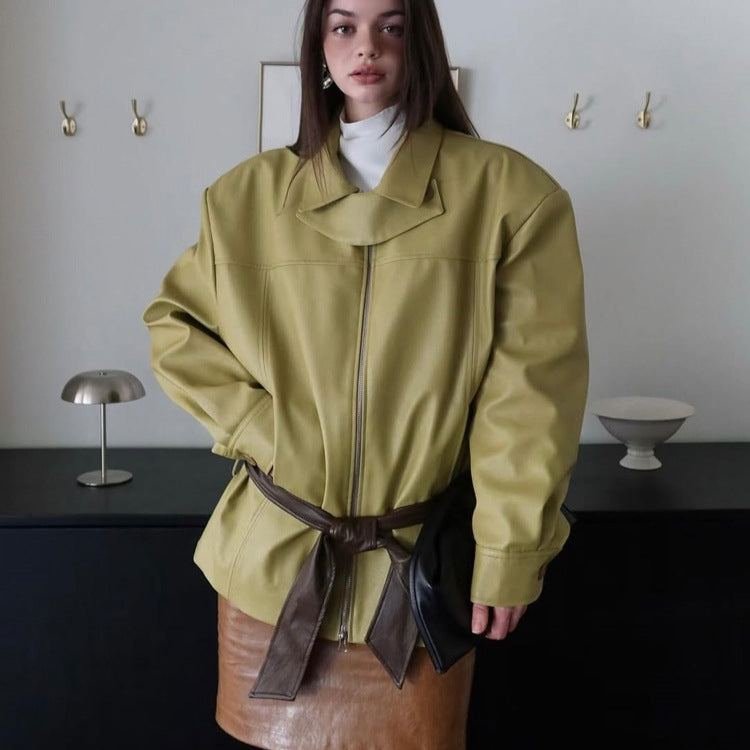 Women's Boxy Faux Leather Jacket with High Stand Collar, Front Zip and Waist Belt Chichicherry