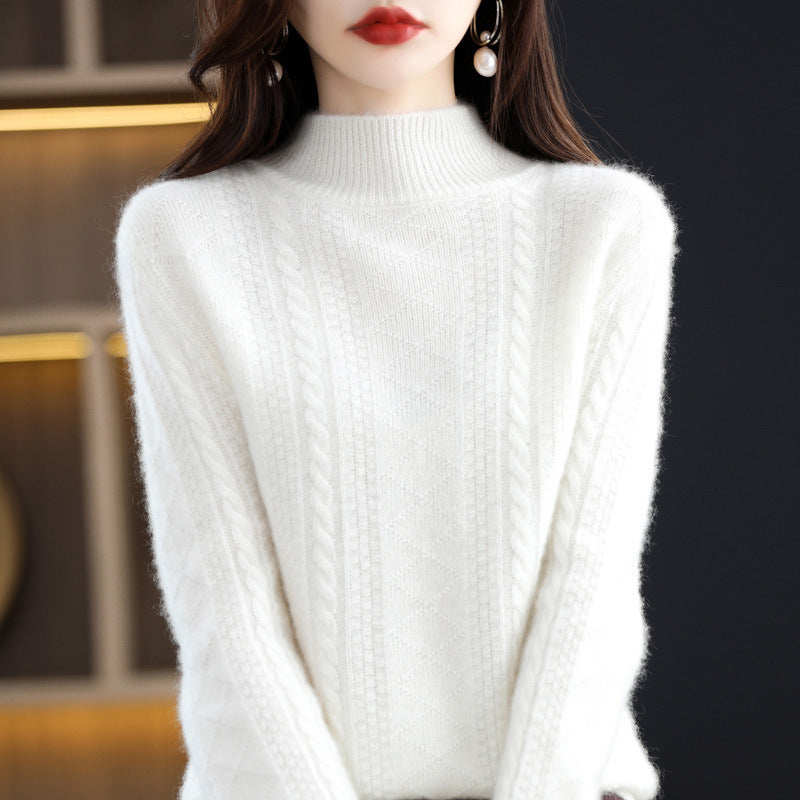 Women's Soft Mohair-Look Mockneck Sweater with Cable Pattern and Fine Ribbed Collar Chichicherry