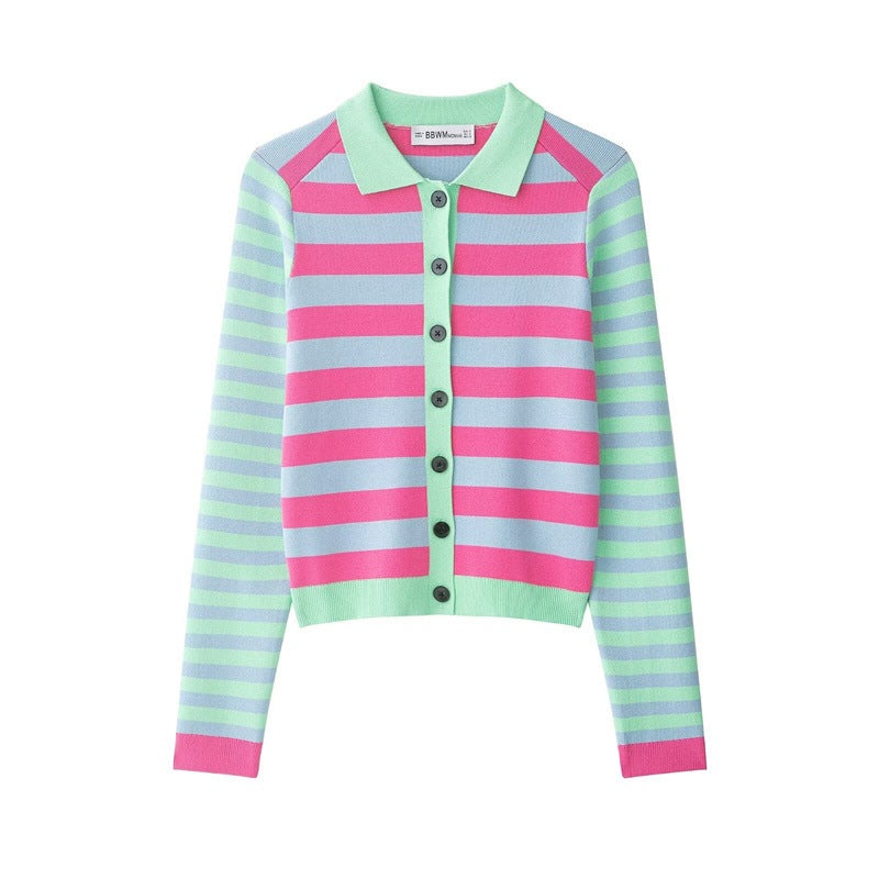 Women's Striped Short Knit Jacket with Polo Collar, Contrasting Button Placket and Ribbed Cuffs Chichicherry