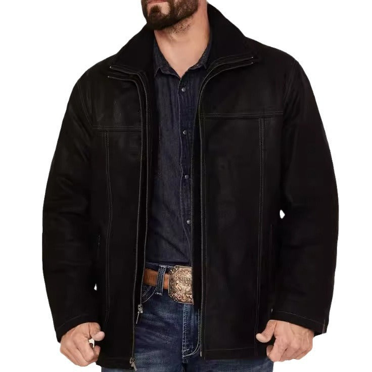Men's Short Suede Field Jacket with Stand-Up Collar, Concealed Zipper, and Distinctive Decorative Seams Chichicherry