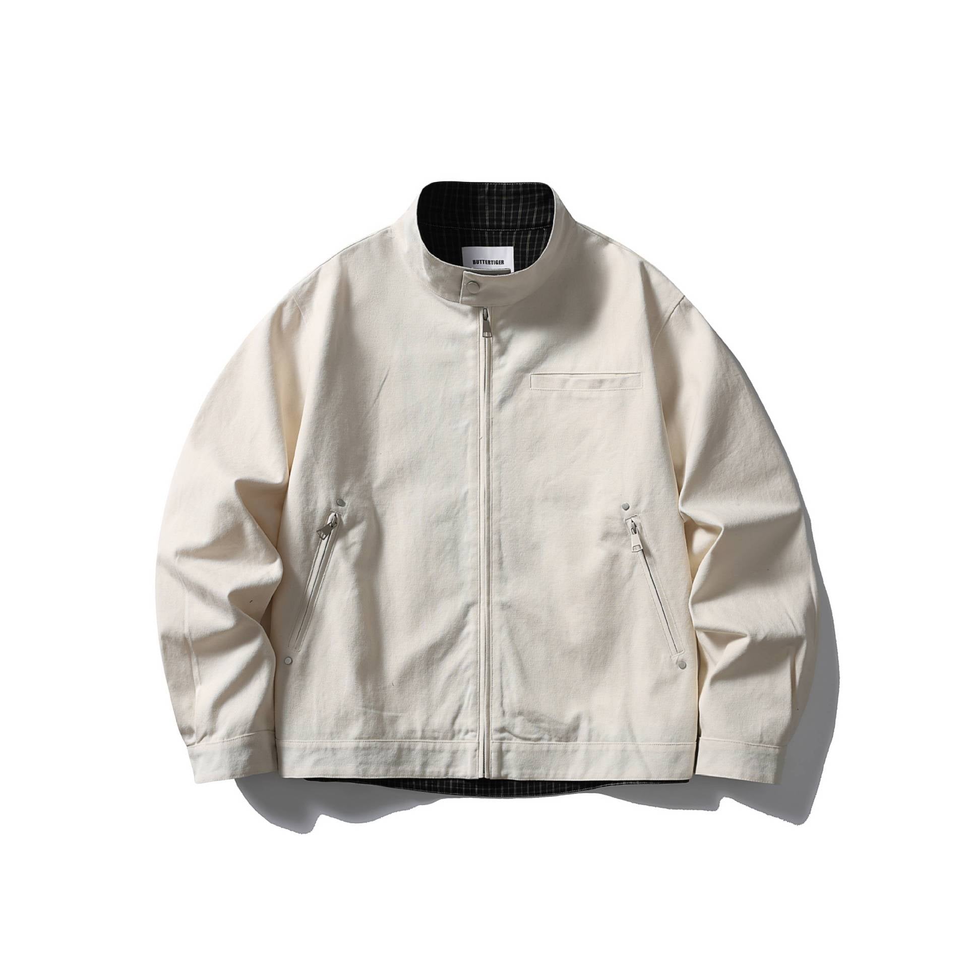Men's short jacket with stand-up collar, concealed zipper, and checked inner lining Chichicherry