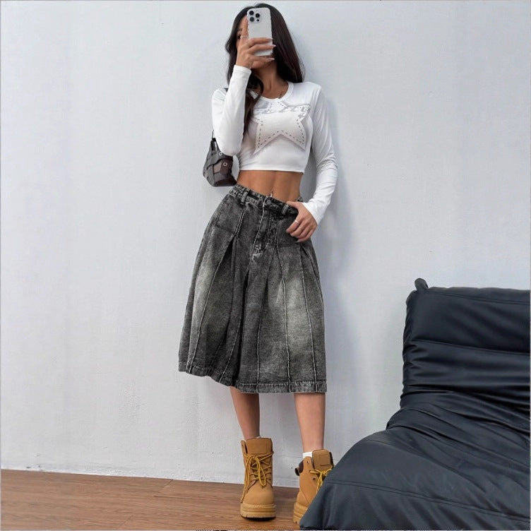 Ladies midi skirt made of denim with vintage wash, pleats and high waist Chichicherry