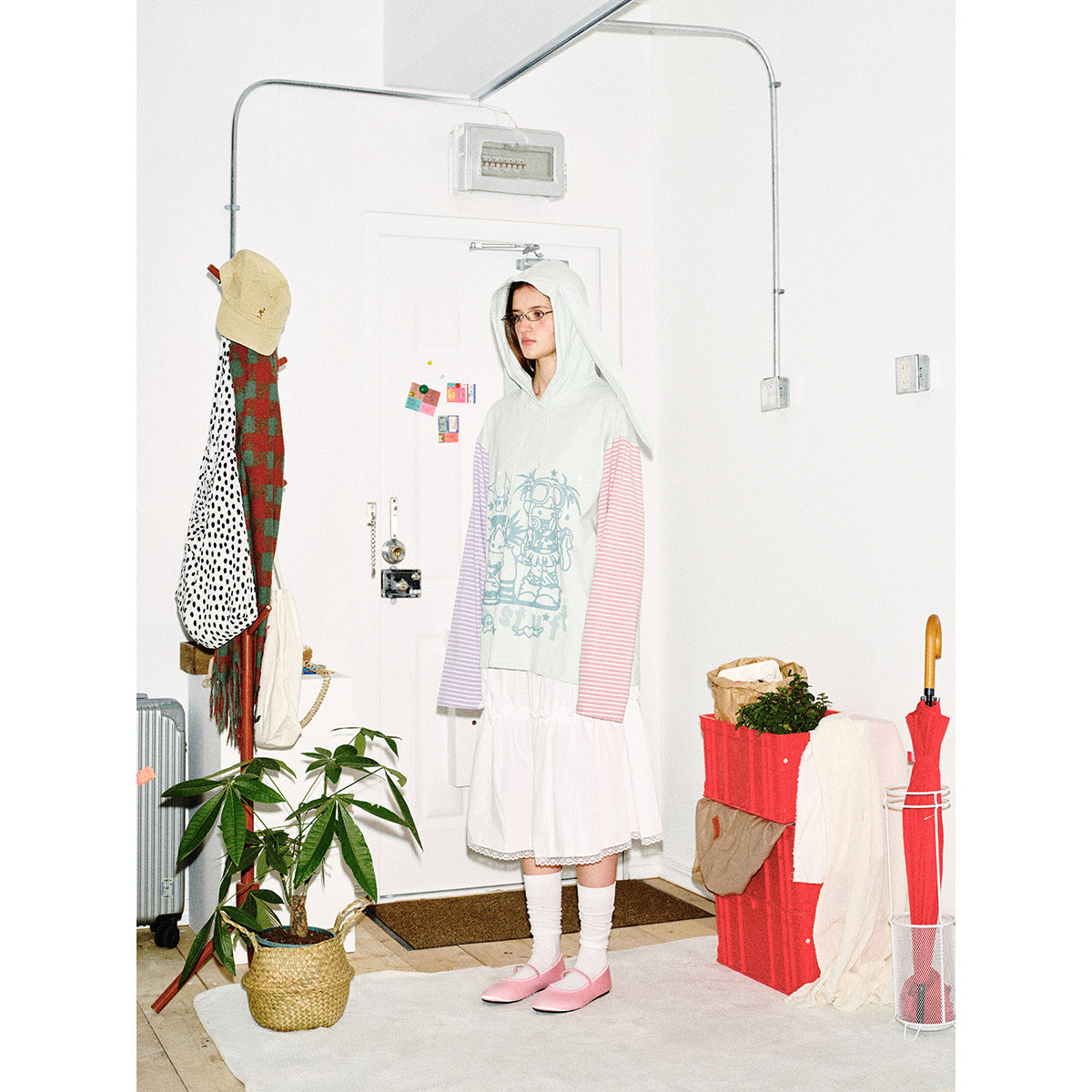 Women’s hoodie with hood and bunny ears, striped sleeves and manga print Chichicherry