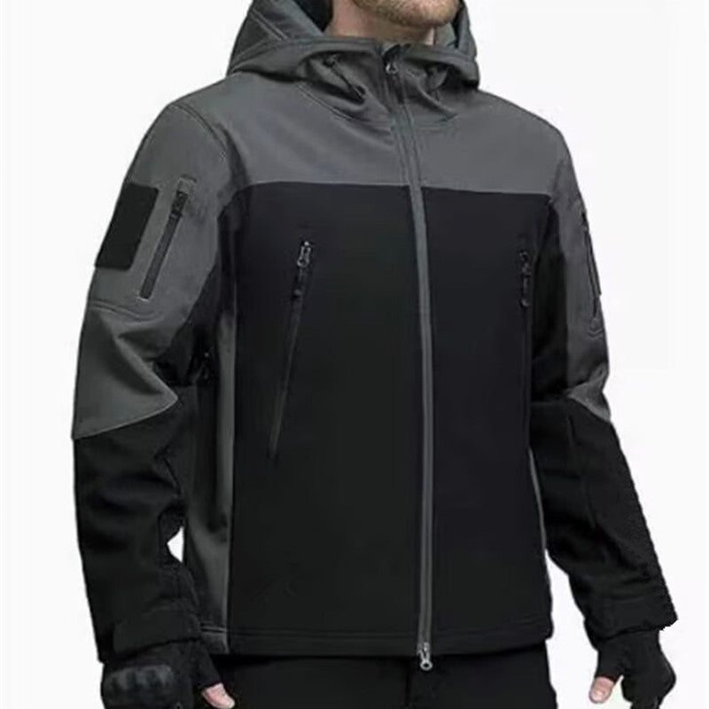 Men's Softshell Outdoor Jacket with Tactical Arm Pocket, Adjustable Hood and Water-Resistant Membrane Chichicherry