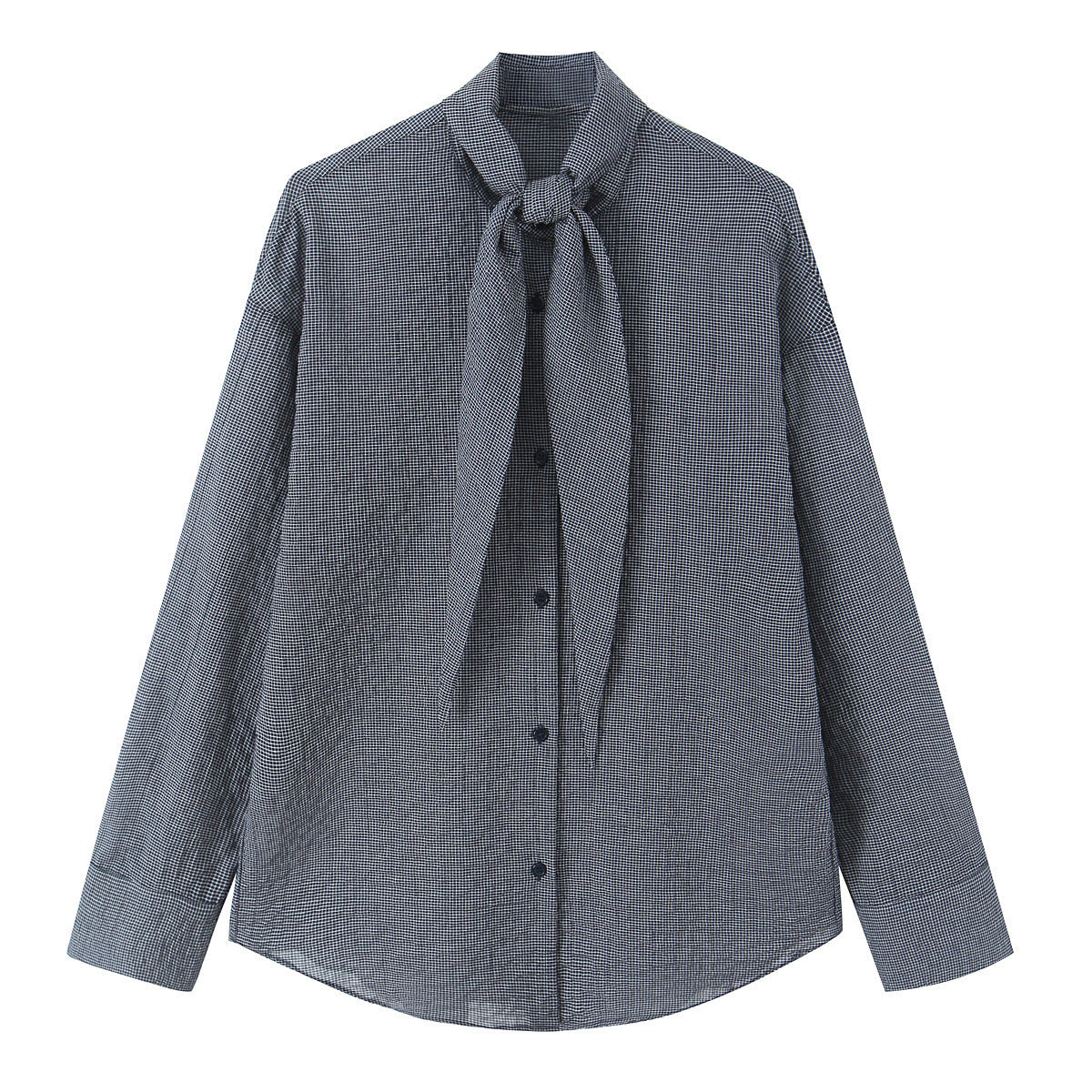 Women's Oversize Blouse with Bow Collar and Fine Vichy Check Chichicherry