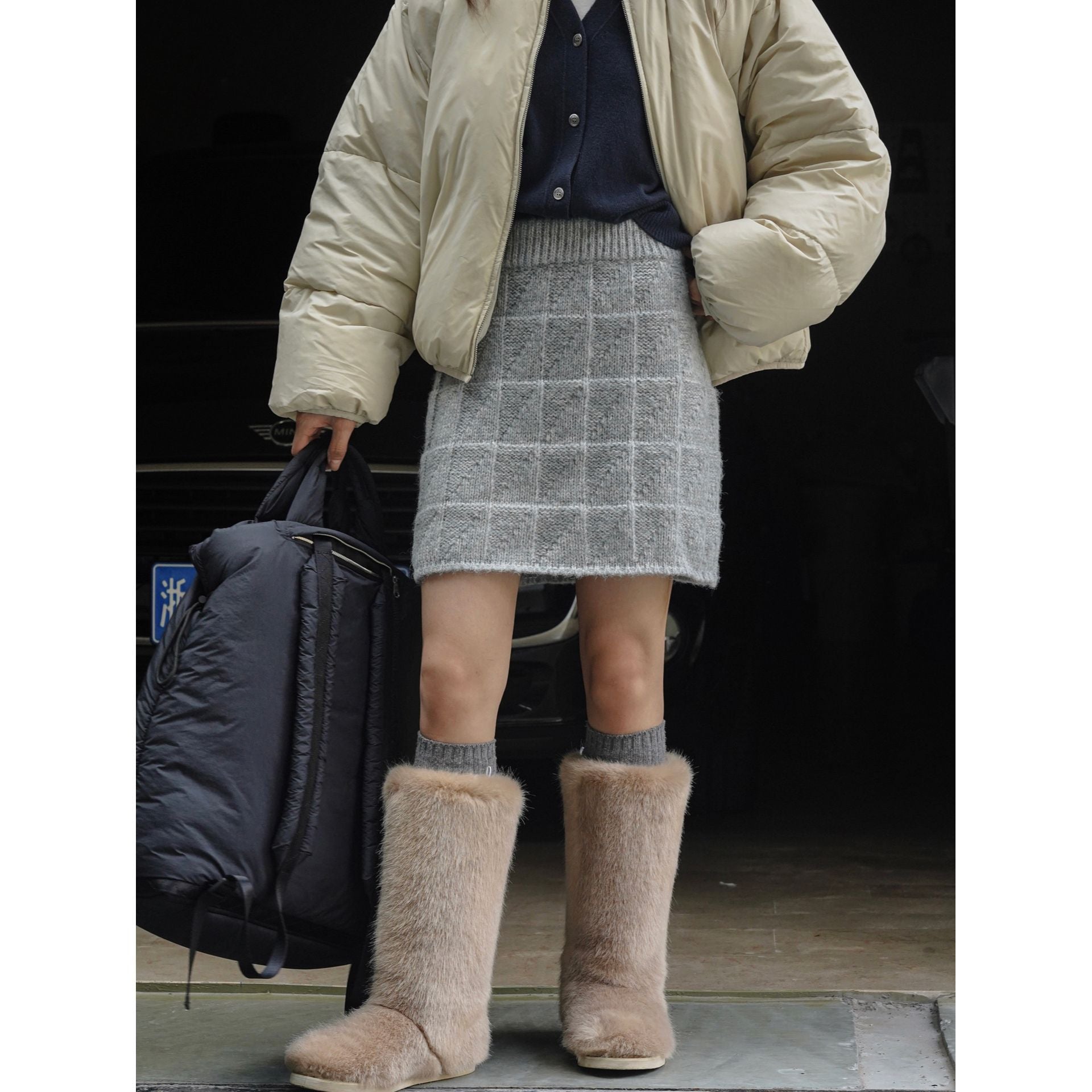 Women's Knitted Check Pattern Mini Skirt with High Waist Chichicherry