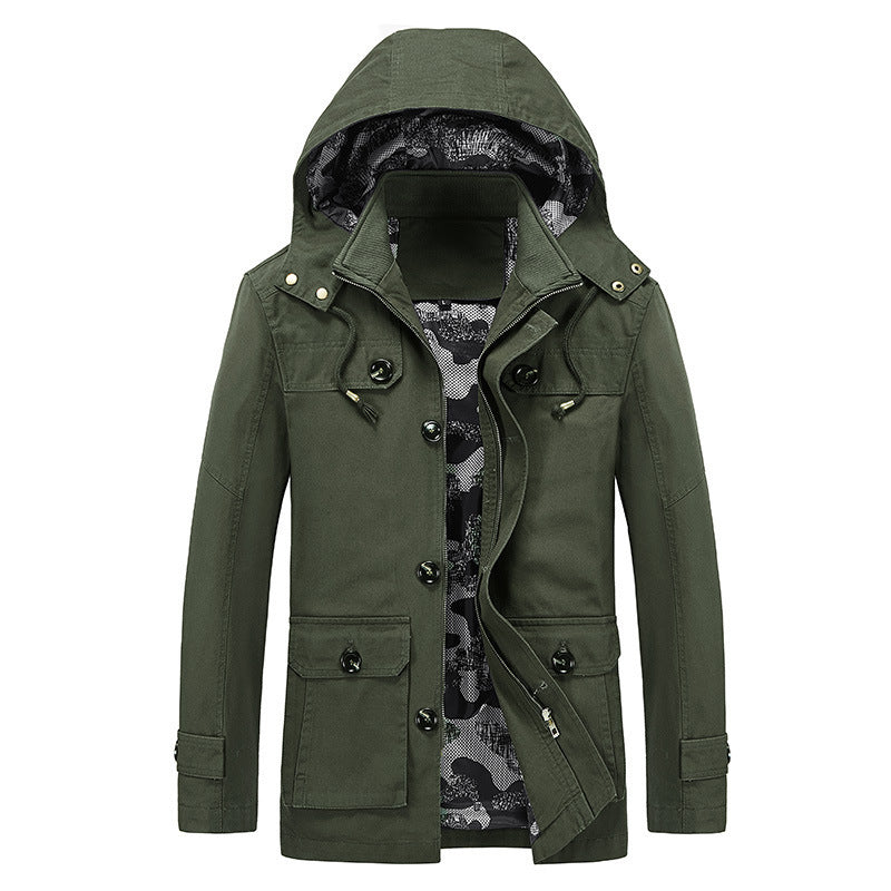 Men's Canvas Field Jacket with Hood, Multifunctional Pockets and Camouflage Lining Chichicherry