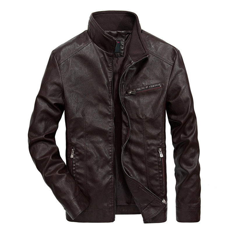 Men's Slim-Fit Faux Leather Moto Jacket with Stand-up Collar, Zipper Pockets and Reinforced Seam Guidance Chichicherry