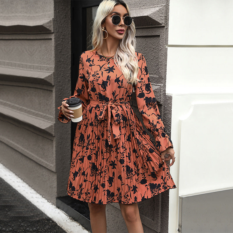 Women's Pleated Midi Dress with Ties, Long-Sleeved A-Line and Floral All-Over Print Chichicherry