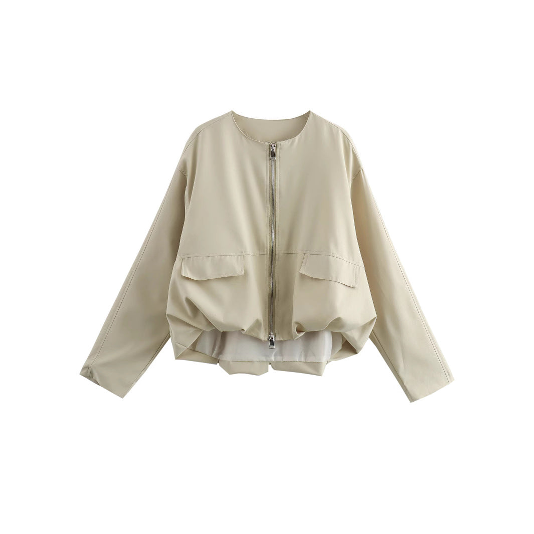 Women Lightweight Cropped Bomber Jacket with Round Neck, Two-Way Zipper and Flap Pockets Chichicherry