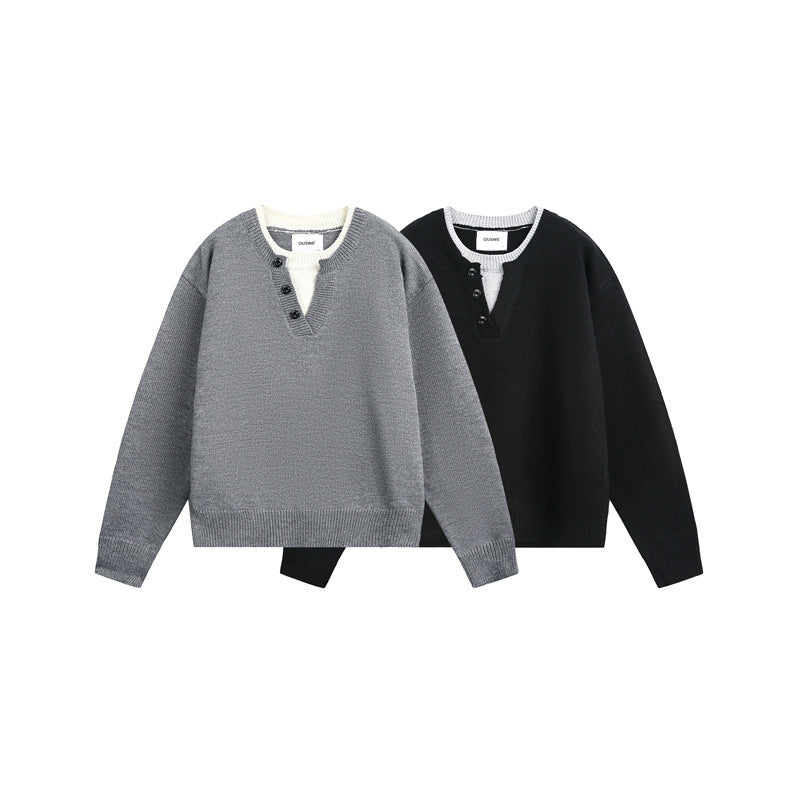 Unisex Chunky Knit Sweater with V-button Placket and Layered Collar Chichicherry