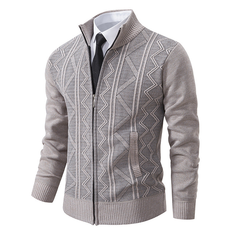 Men's Structured Fine Knit Zip Cardigan with Stand-Up Collar and Geometric Cable Pattern Chichicherry