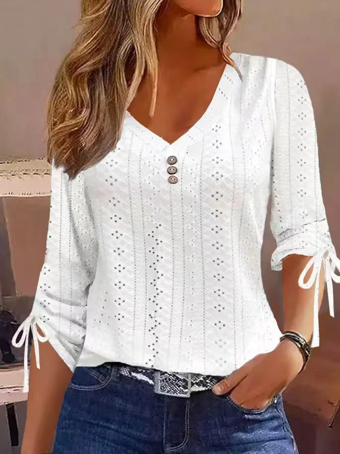 Ladies' openwork blouse with V-neck, decorative button placket and tie sleeves Chichicherry