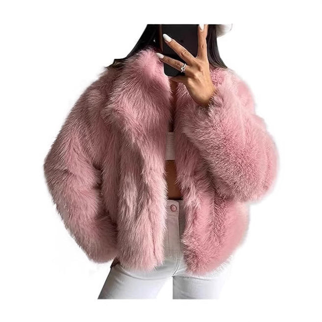 Women Short Faux Fur Jacket with Voluminous Shawl Collar Chichicherry