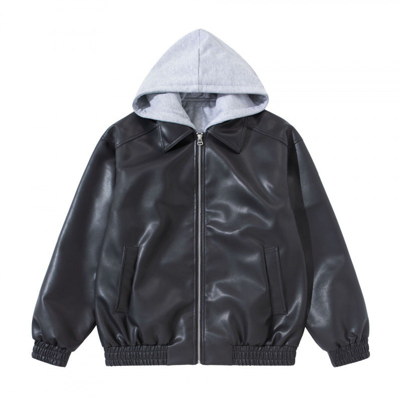 Unisex Oversize Faux Leather Bomber Jacket with Contrasting Hood, Zipper and Elastic Hem Chichicherry