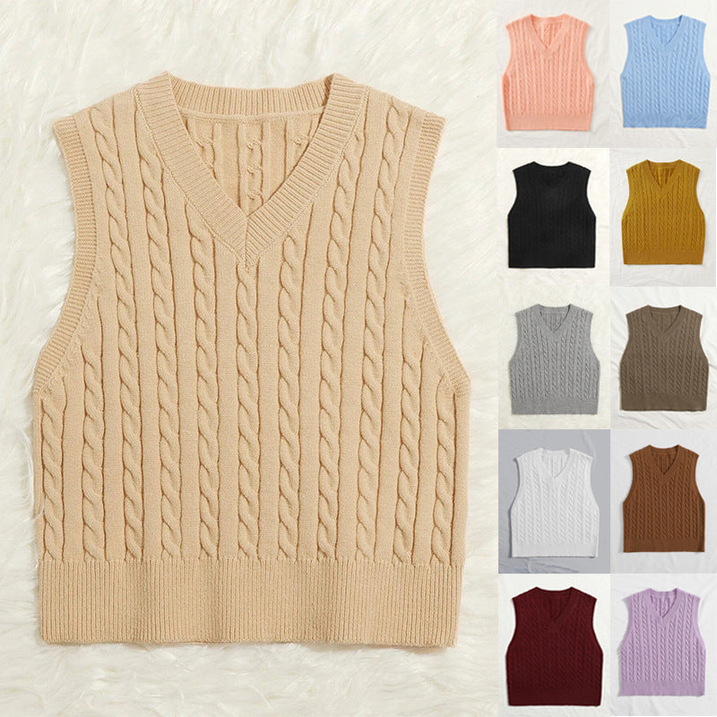 Women Knitted Sleeveless Cable Knit Sweater Vest with V-Neck Chichicherry