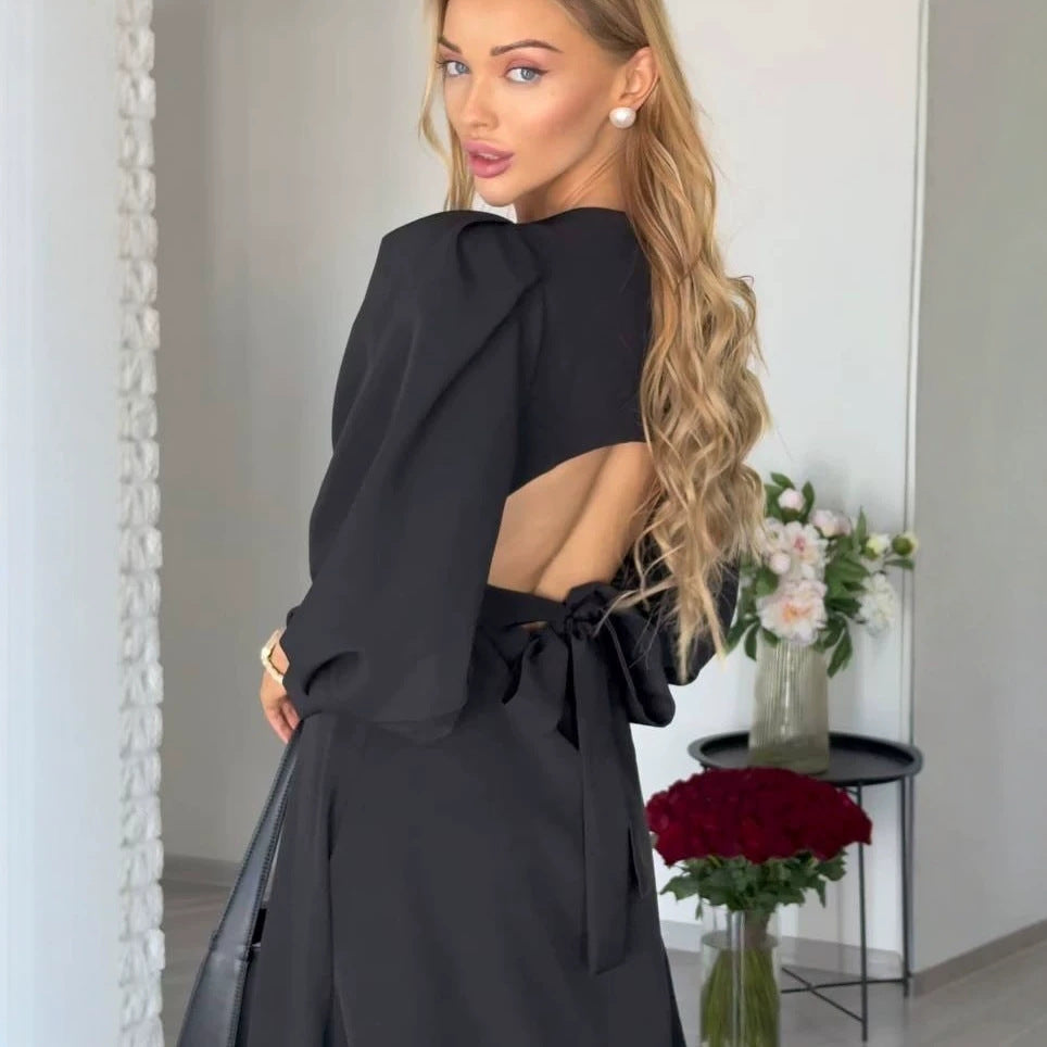 Damen Midikleid mit offenem Rückenausschnitt, voluminösen Puffärmeln und Bindegürtel Chichicherry